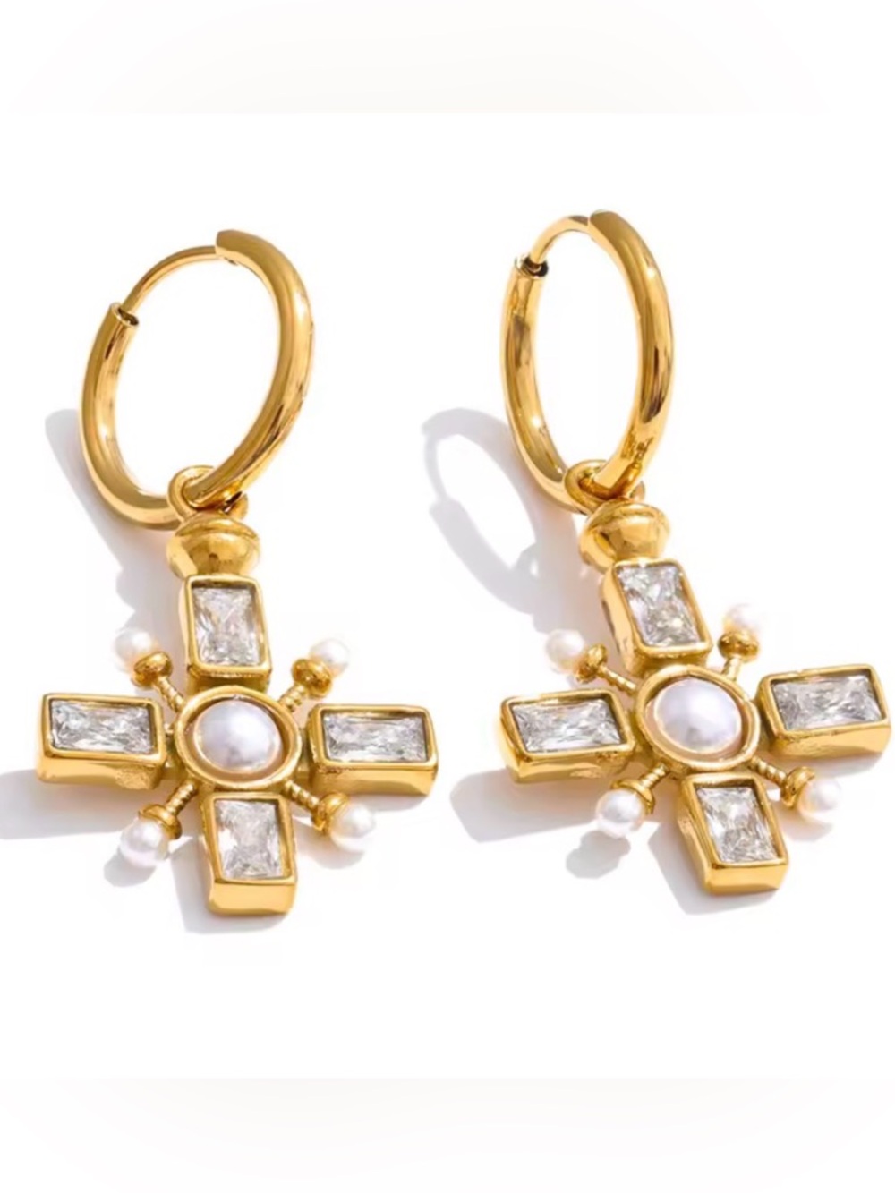 Gold Cross Pearl & Crystal Hoop Drop Earrings